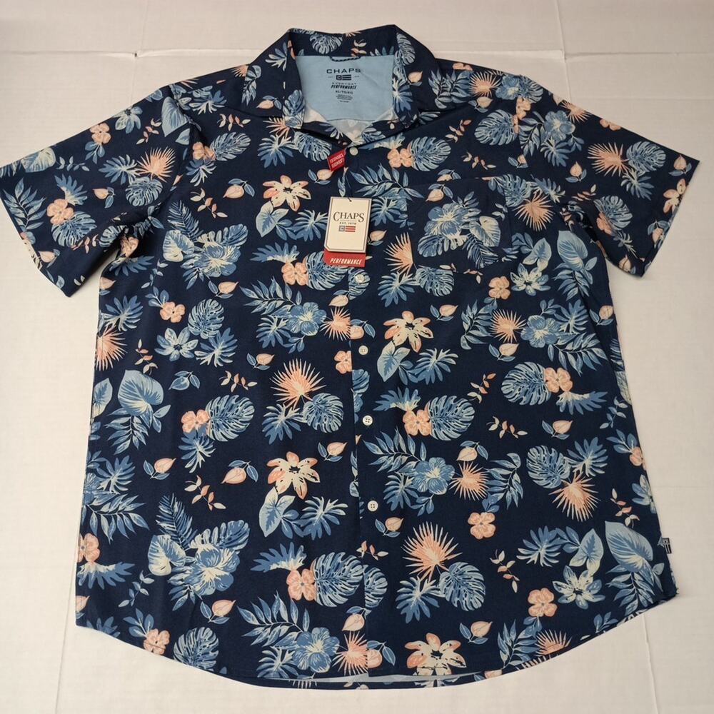 Chaps Woven Shirt Men's Size XL Blue‎ Floral Stretch UPF 50
